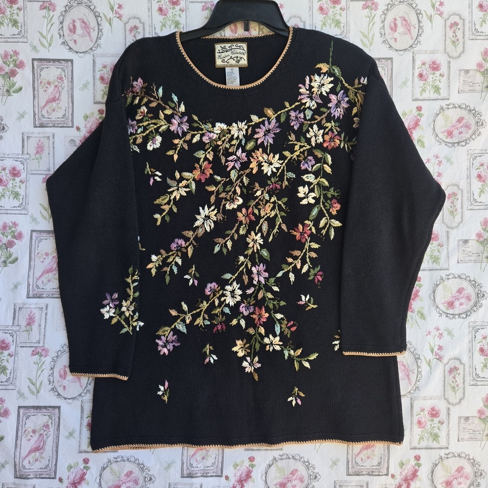 VTG Heirloom Collectibles Black Embroidered Floral Beaded Pullover Sweater Sz M